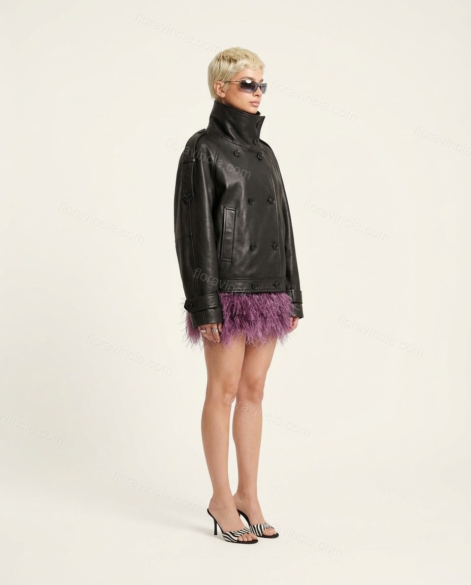 Black Faux-Fur Collar Jacket, side and back studio view, by Floravincie
