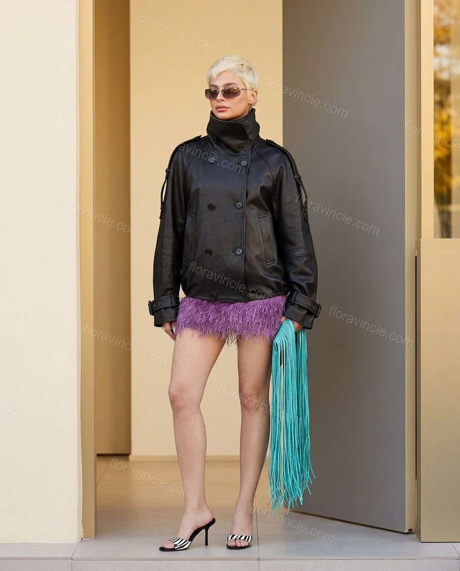 Black Faux-Fur Collar Jacket, full-length hero view, by Floravincie