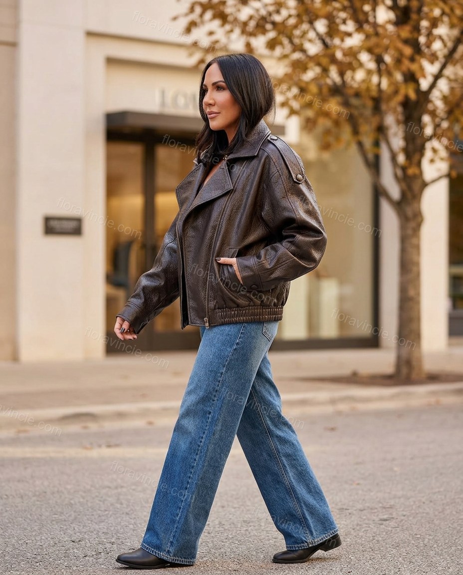 Dark Brown Jacket, walking lifestyle view, by Floravincie
