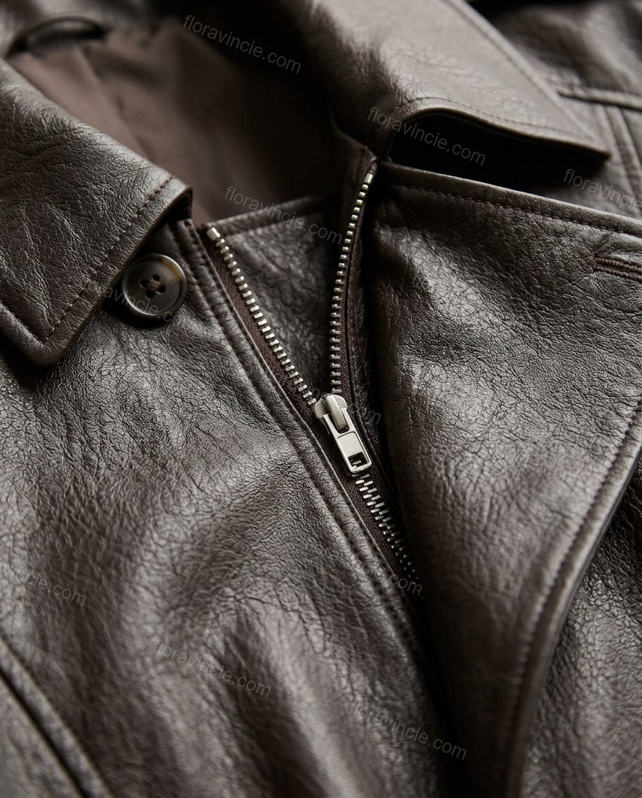 Dark Brown Jacket, close-up of zipper closure, elasticized hem and elasticized cuffs, by Floravincie
