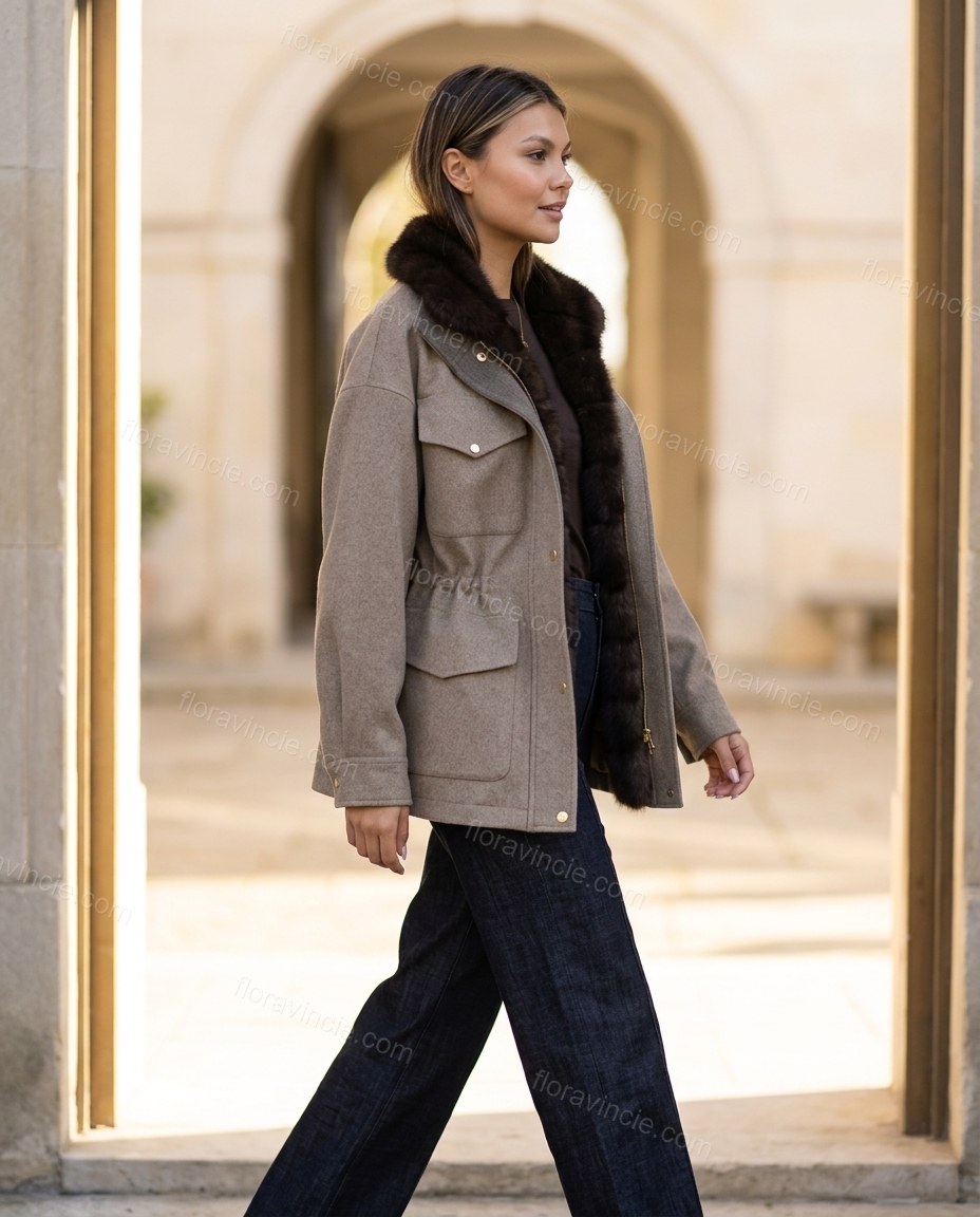 Taupe Jacket, walking lifestyle view, by Floravincie