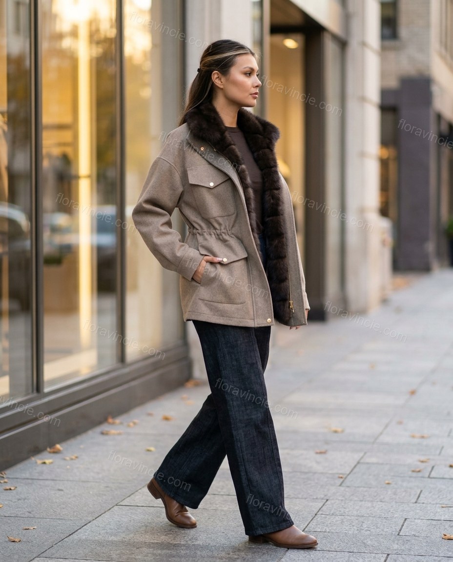 Taupe Jacket, three-quarter brand lifestyle view, by Floravincie