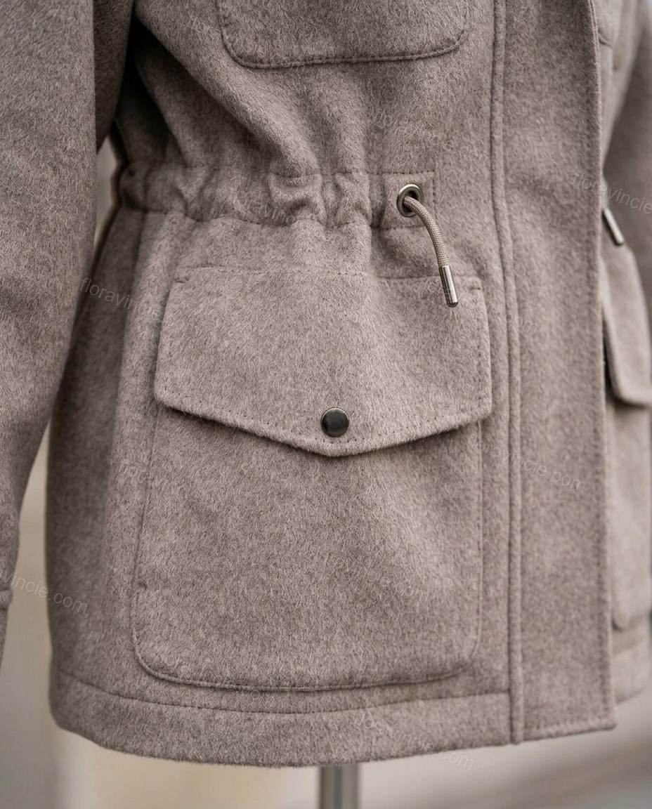 Taupe Jacket, close-up of dark brown accents, drawstring waist and flap pockets, by Floravincie