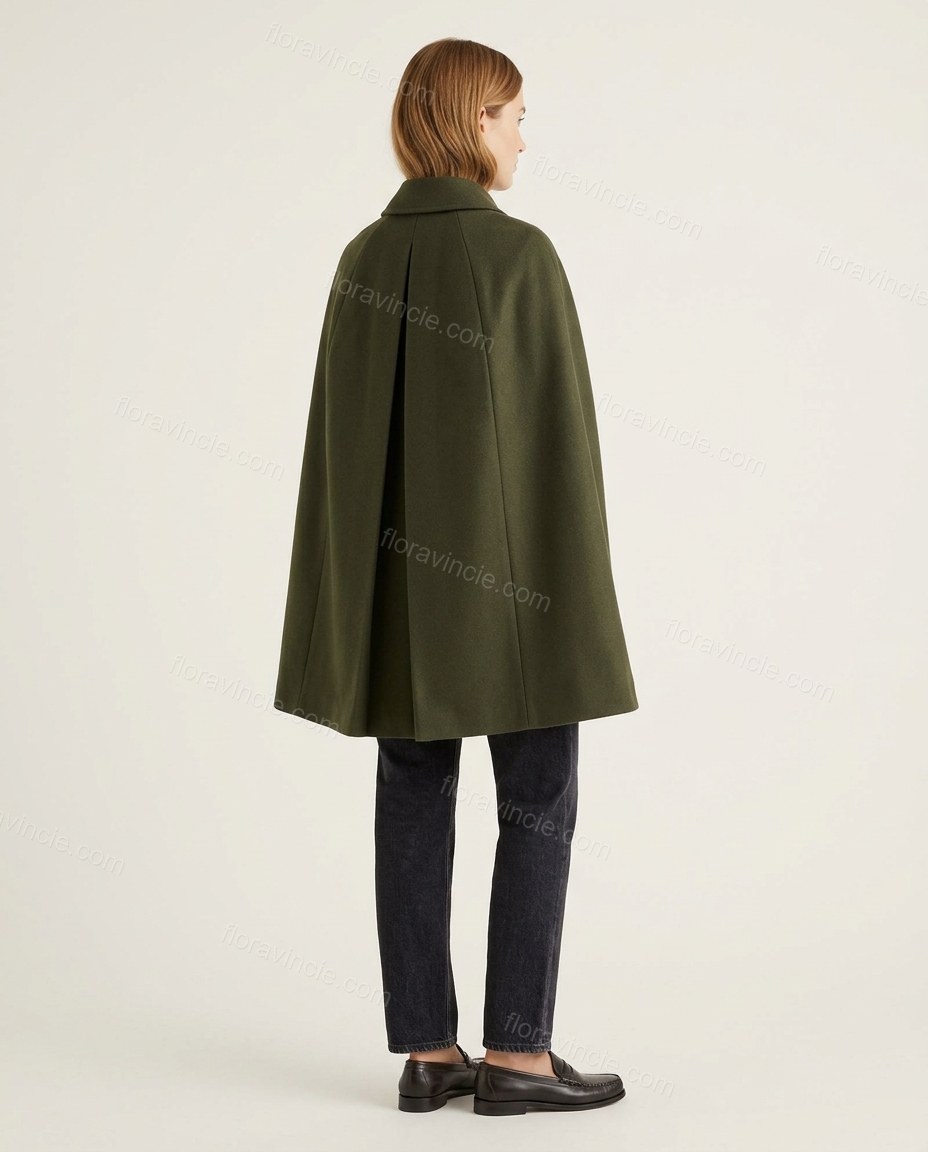 Olive Green Cape Pleated Outerwear, back studio view showing central inverted pleat/seam from the collar down the back, by Floravincie