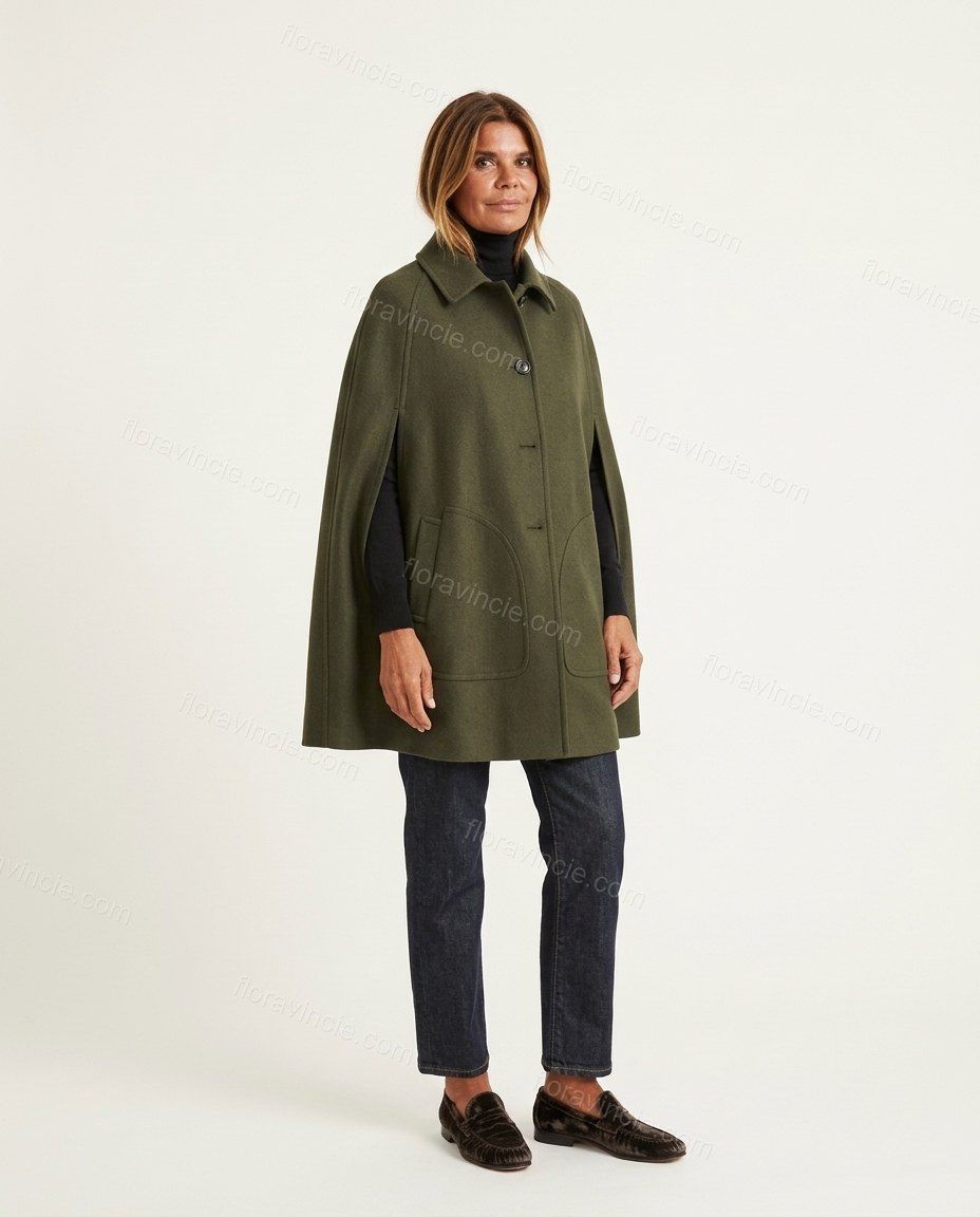 Olive Green Cape Pleated Outerwear, front studio view, by Floravincie