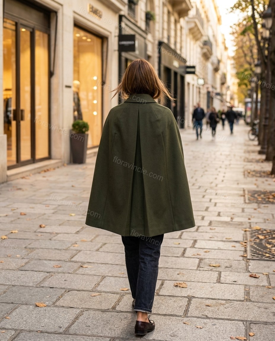 Olive Green Cape Pleated Outerwear, walking lifestyle view, by Floravincie