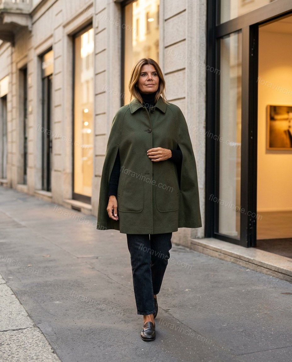 Olive Green Cape Pleated Outerwear, movement and fit lifestyle view, by Floravincie