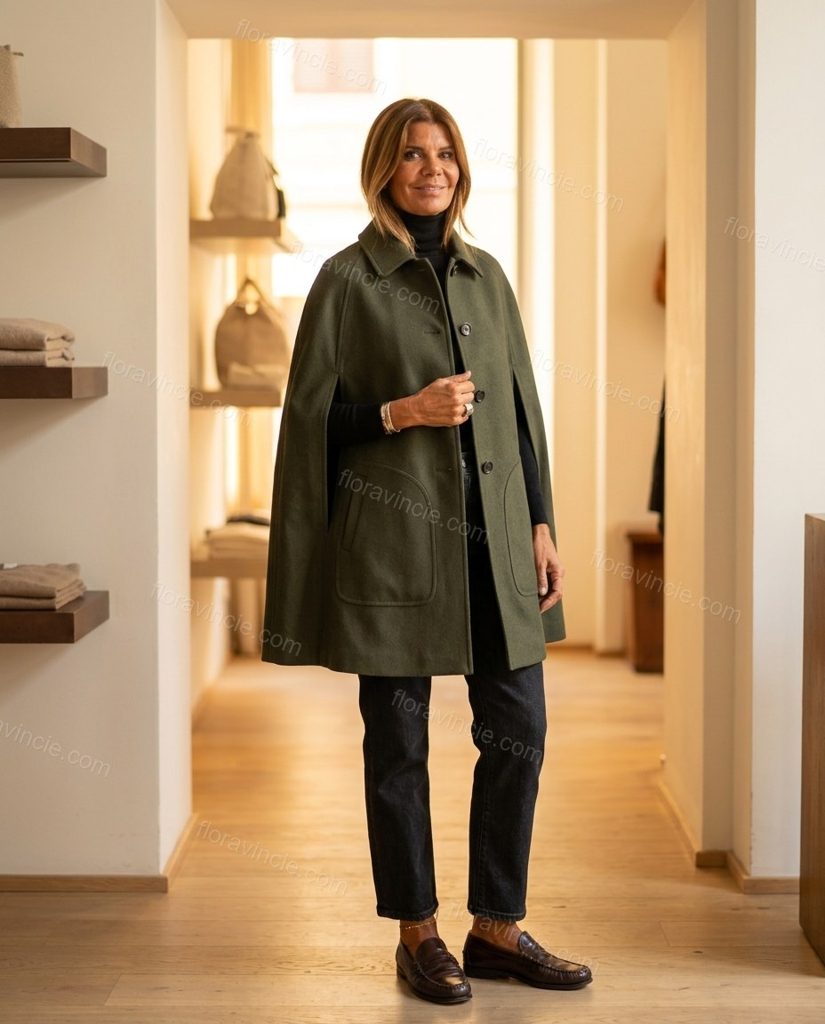 Olive Green Cape Pleated Outerwear, full-length hero view, by Floravincie