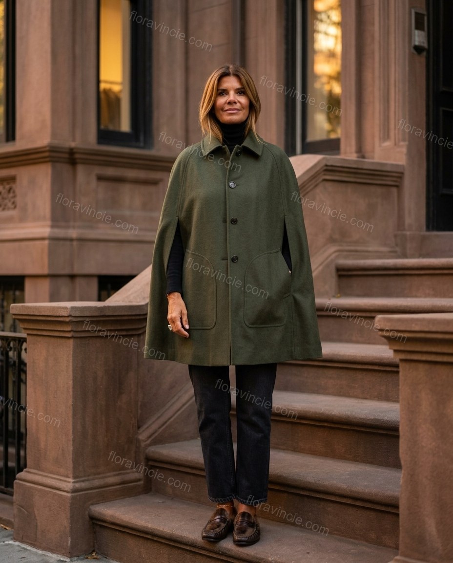 Olive Green Cape Pleated Outerwear, three-quarter brand lifestyle view, by Floravincie