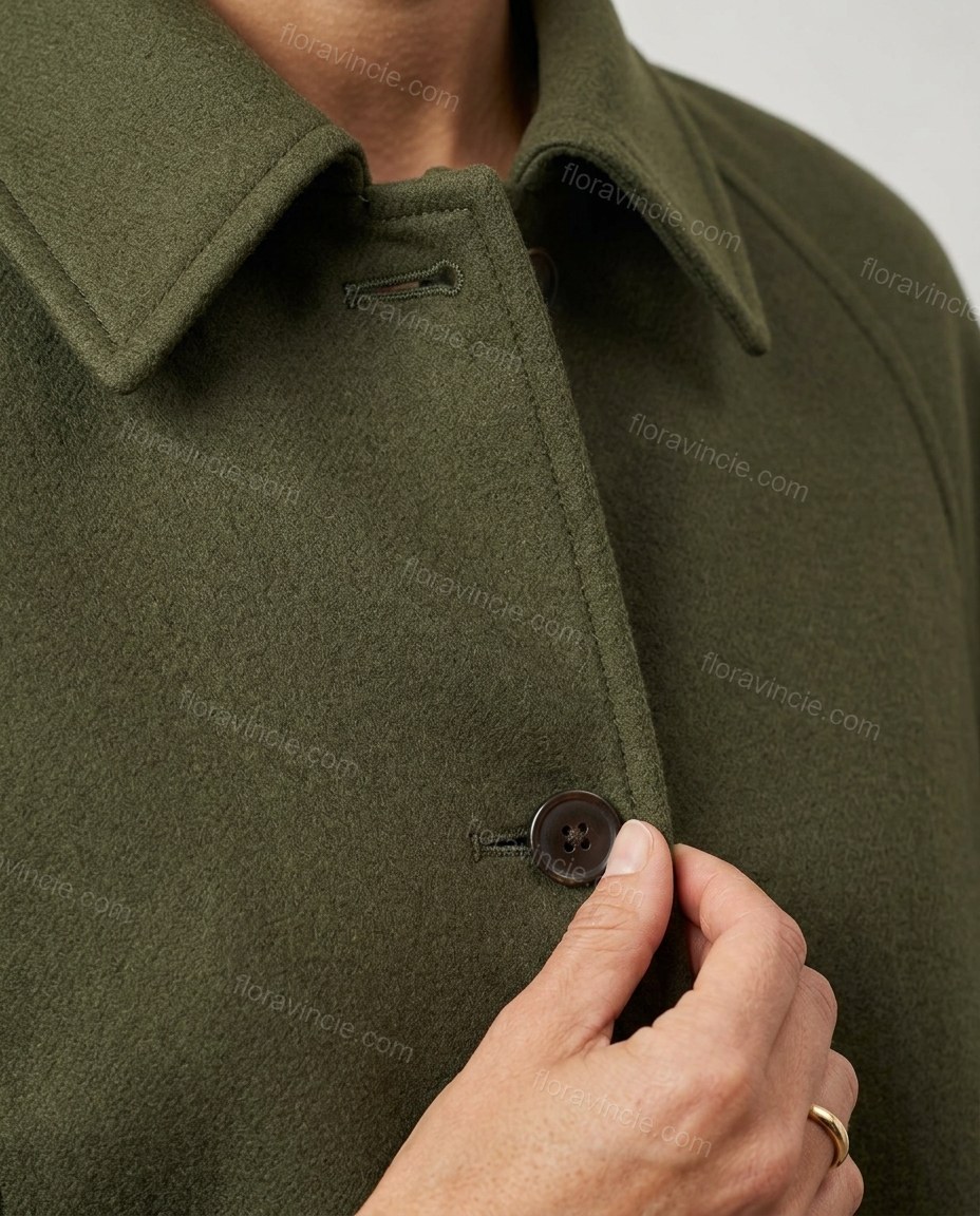Olive Green Cape Pleated Outerwear, close-up of front button closure, patch pockets and collar, by Floravincie