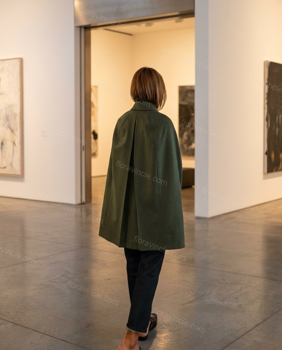 Olive Green Cape Pleated Outerwear, alternate use-case lifestyle view, by Floravincie