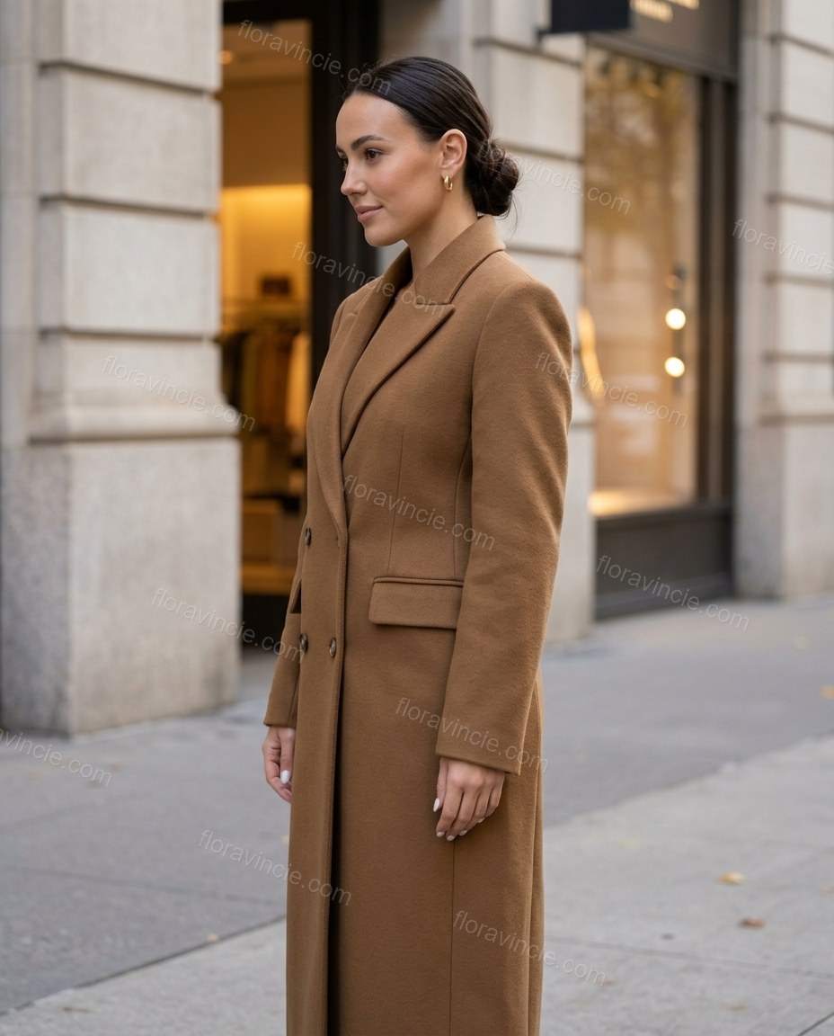 Brown Coat, walking lifestyle view, by Floravincie