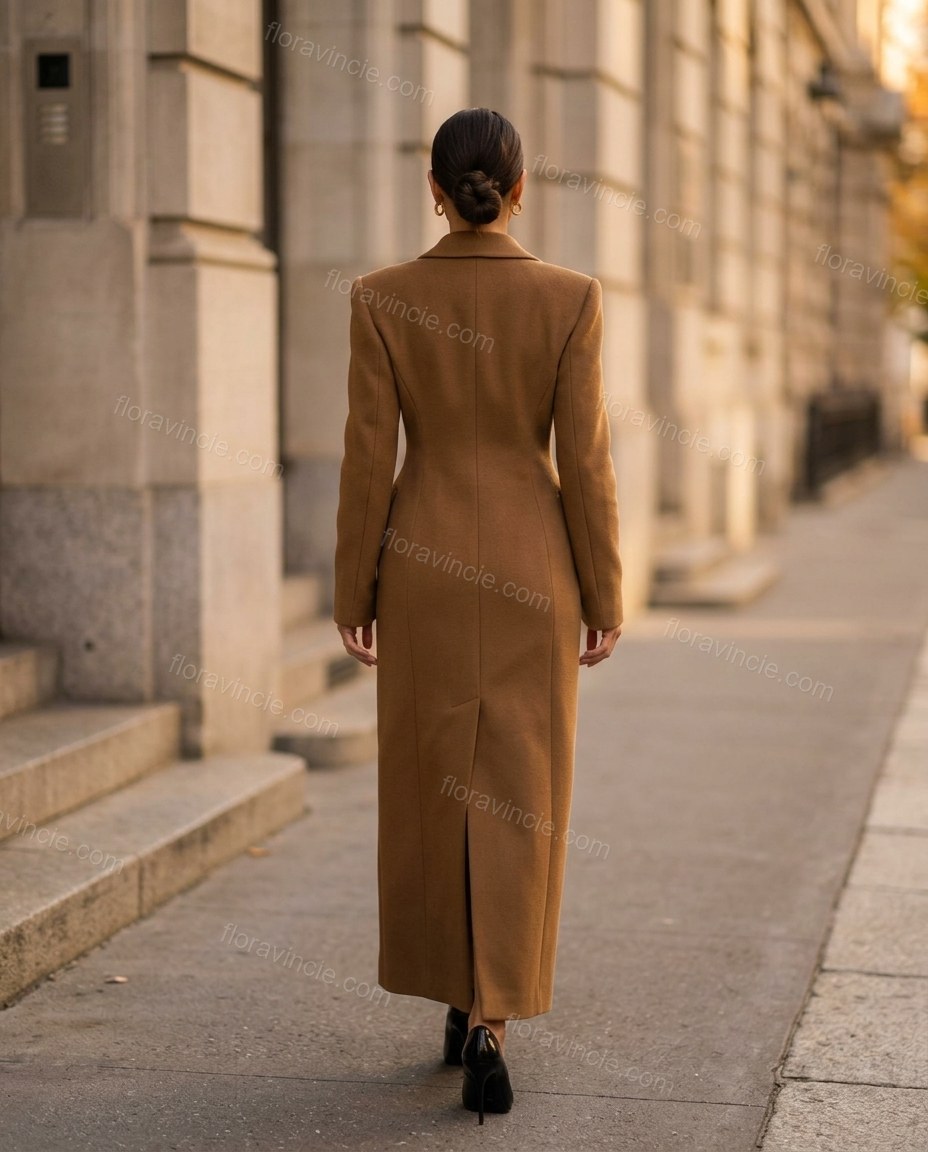 Brown Coat, movement and fit lifestyle view, by Floravincie