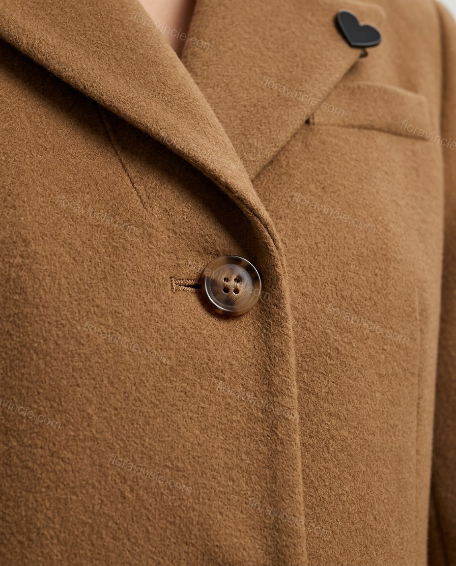 Brown Coat, close-up of double-breasted closure, flap pockets and back vent, by Floravincie