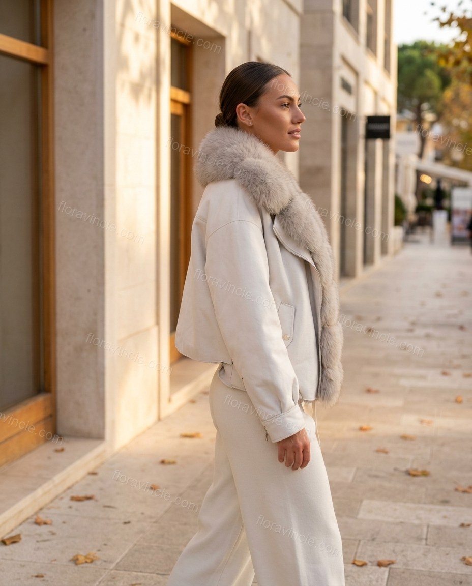 White Jacket, walking lifestyle view, by Floravincie