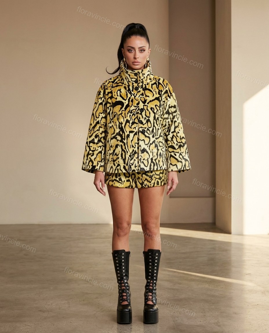Yellow Animal Print Shorts Set, full-length hero view, by Floravincie