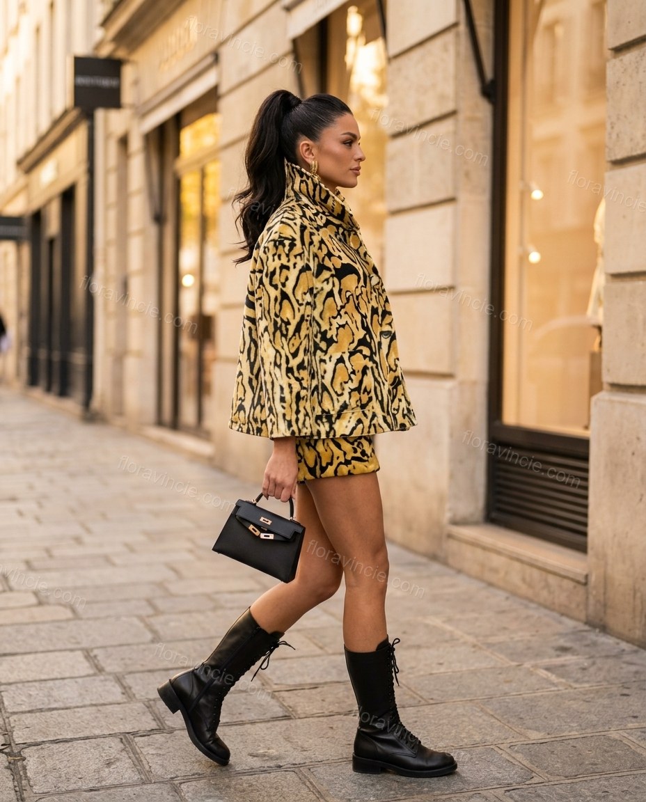 Yellow Animal Print Shorts Set, walking lifestyle view, by Floravincie
