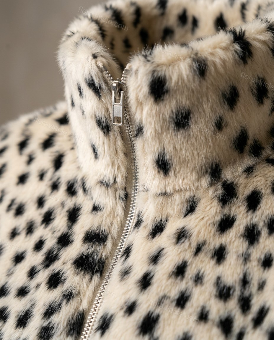 White Animal Print Faux-Fur Jacket, close-up of animal print, by Floravincie