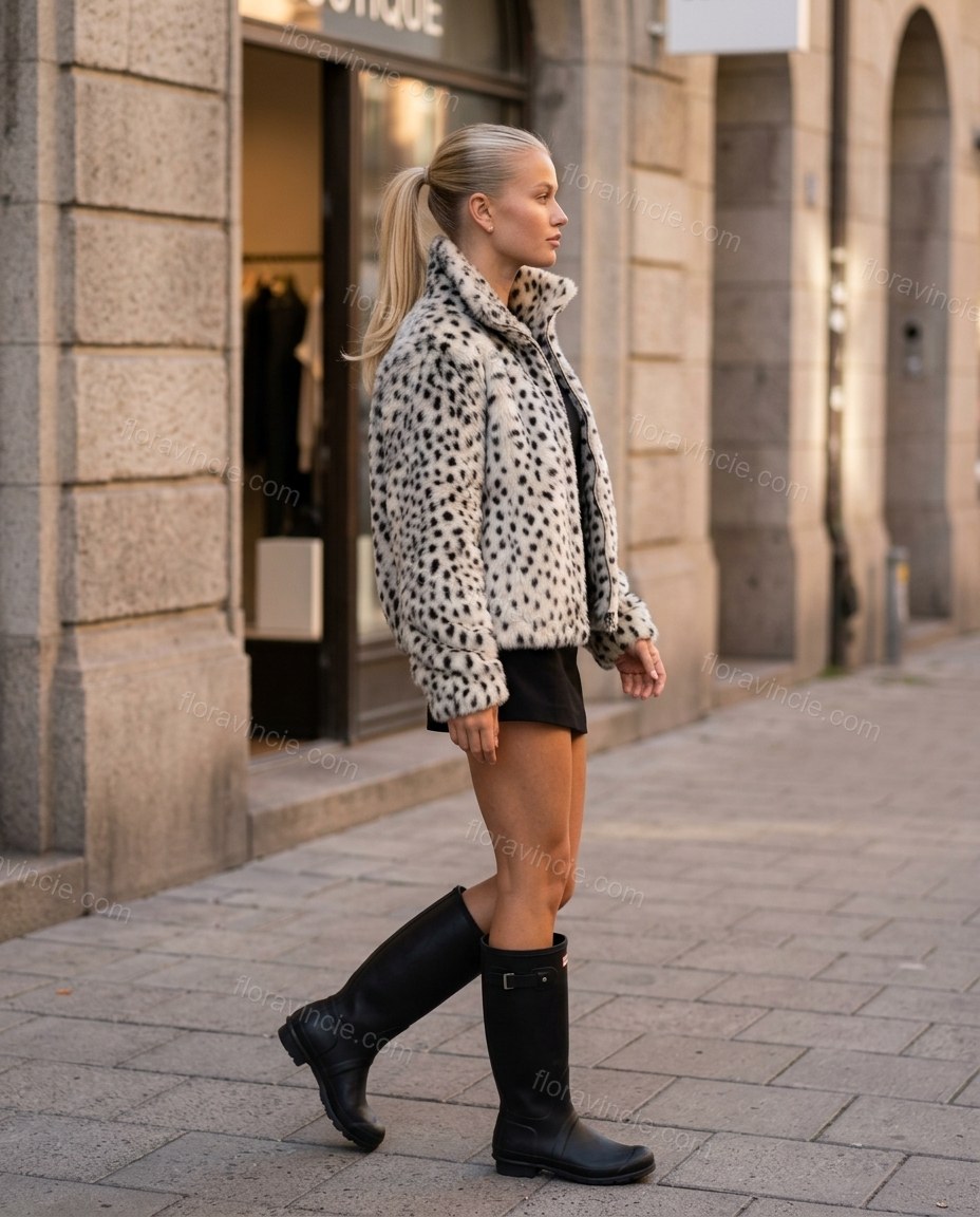 White Animal Print Faux-Fur Jacket, movement and fit lifestyle view, by Floravincie