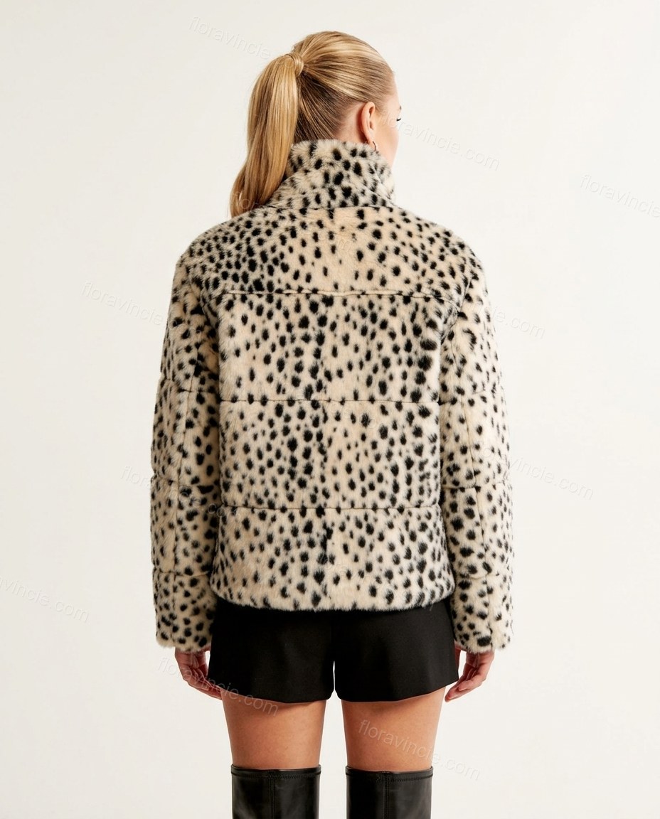 White Animal Print Faux-Fur Jacket, back studio view showing padded/quilted appearance, high collar, straight hem, by Floravincie