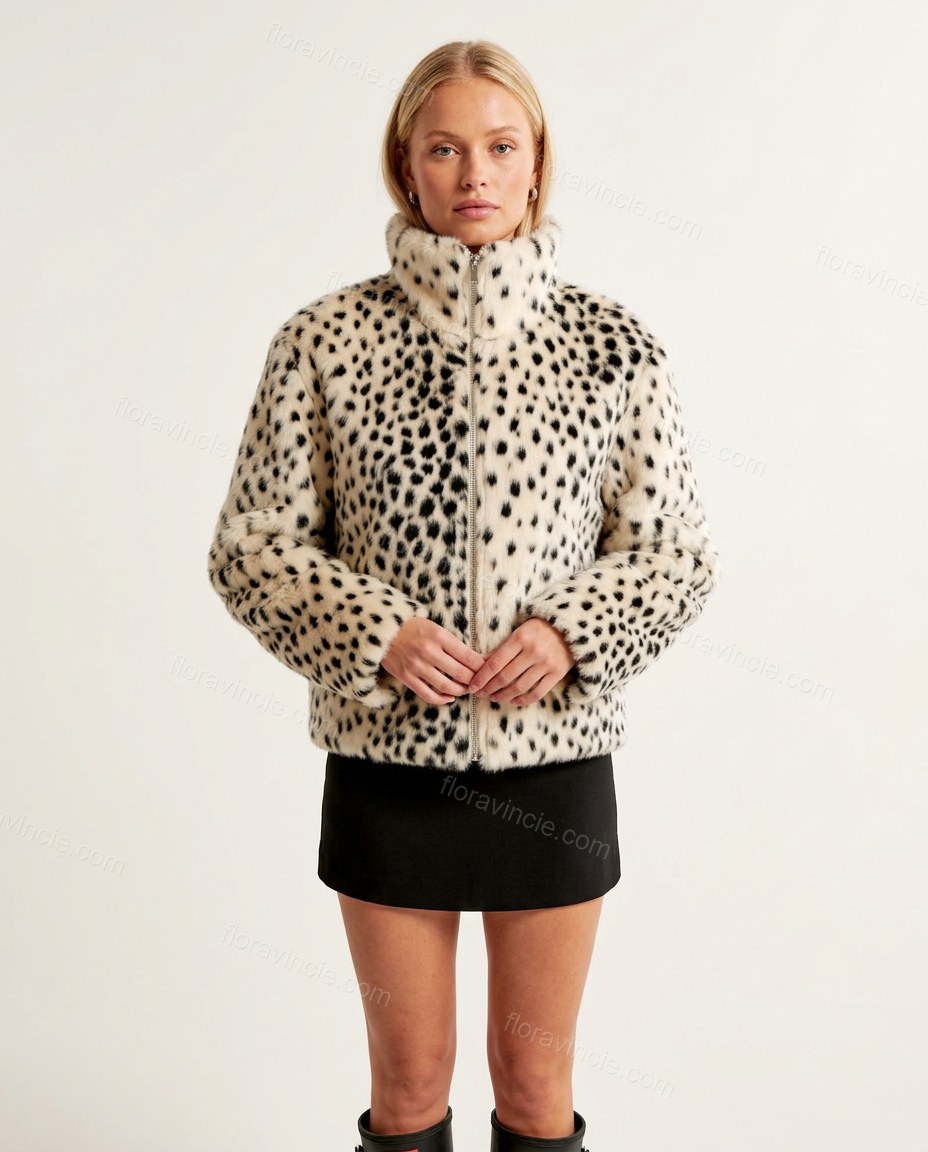 White Animal Print Faux-Fur Jacket, front studio view, by Floravincie