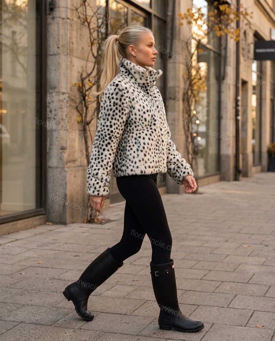 White Animal Print Faux-Fur Jacket, walking lifestyle view, by Floravincie
