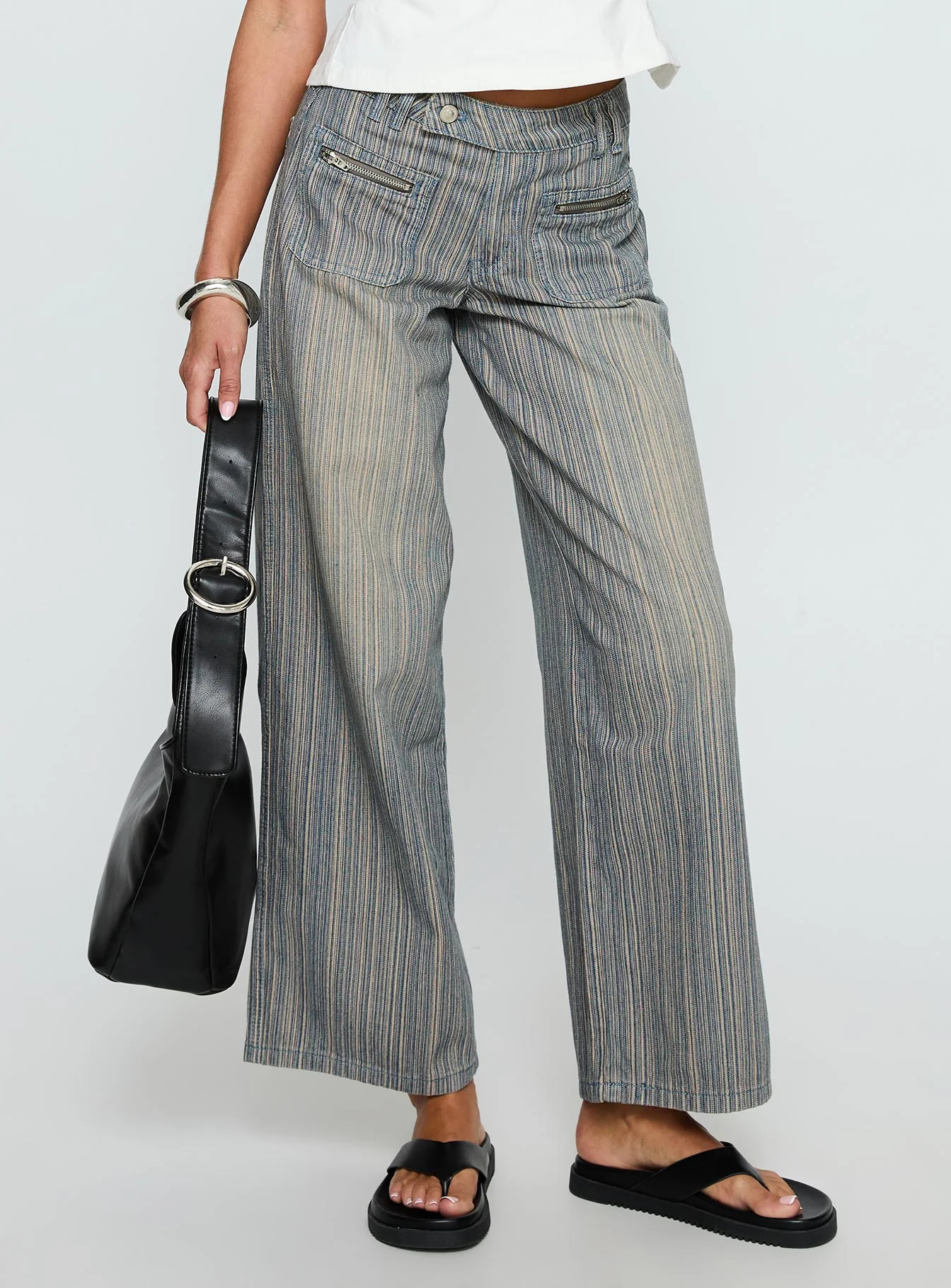 Peplum Cutout Top & Denim Striped Pants Outfit