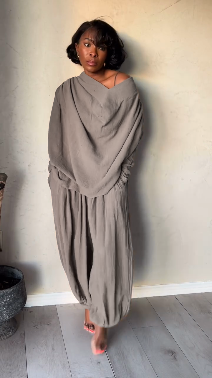 Taupe Off - the - Shoulder Top and Baggy Pants Set-Massicos