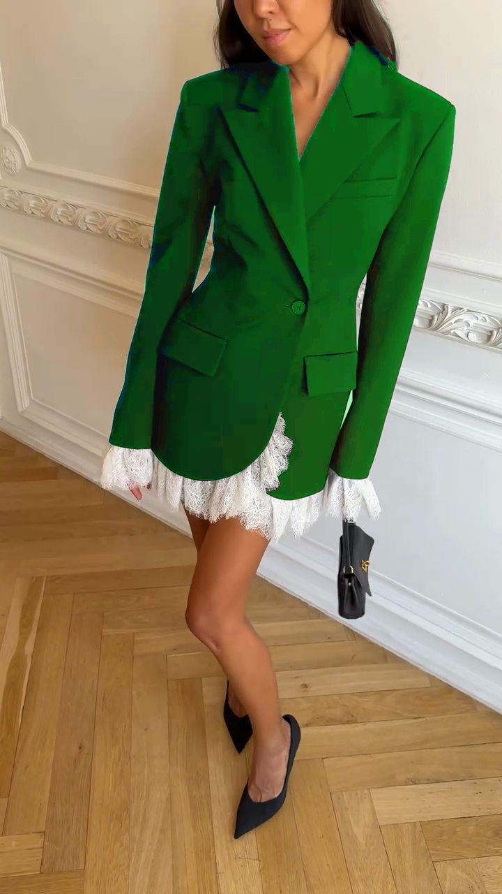Black Blazer Dress with White Lace Trim-Massicos