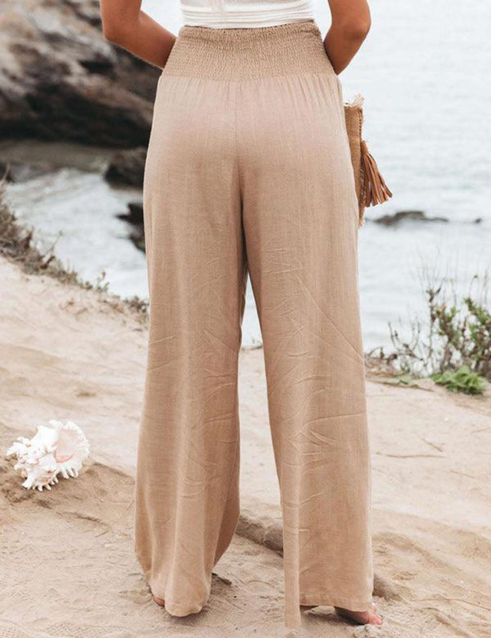 Smocked Waist Side-seam Wide Leg Linen Pants-Massicos