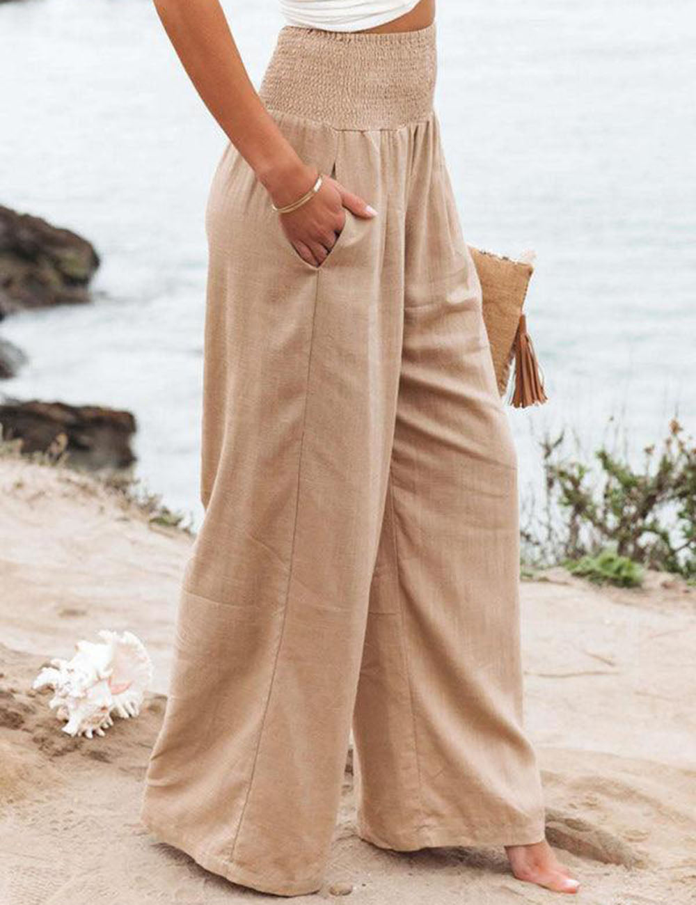 Smocked Waist Side-seam Wide Leg Linen Pants-Massicos