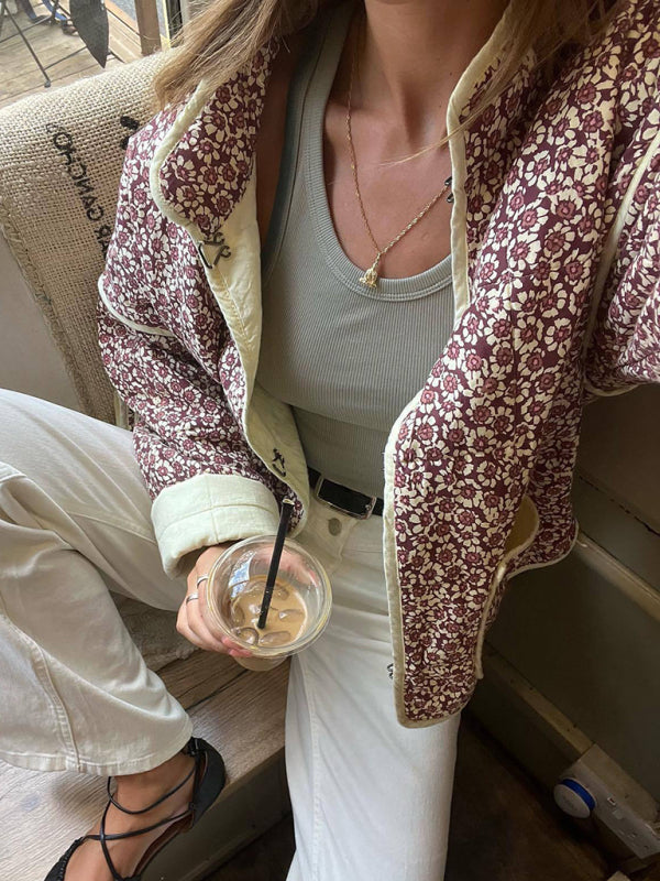 Small Floral Print Pocket Clip Cotton Drop Shoulder Jacket-Massicos