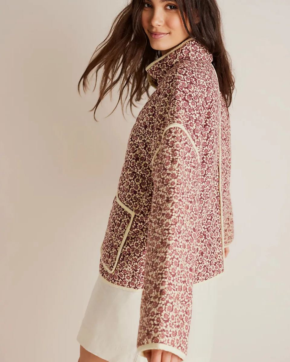 Small Floral Print Pocket Clip Cotton Drop Shoulder Jacket-Massicos