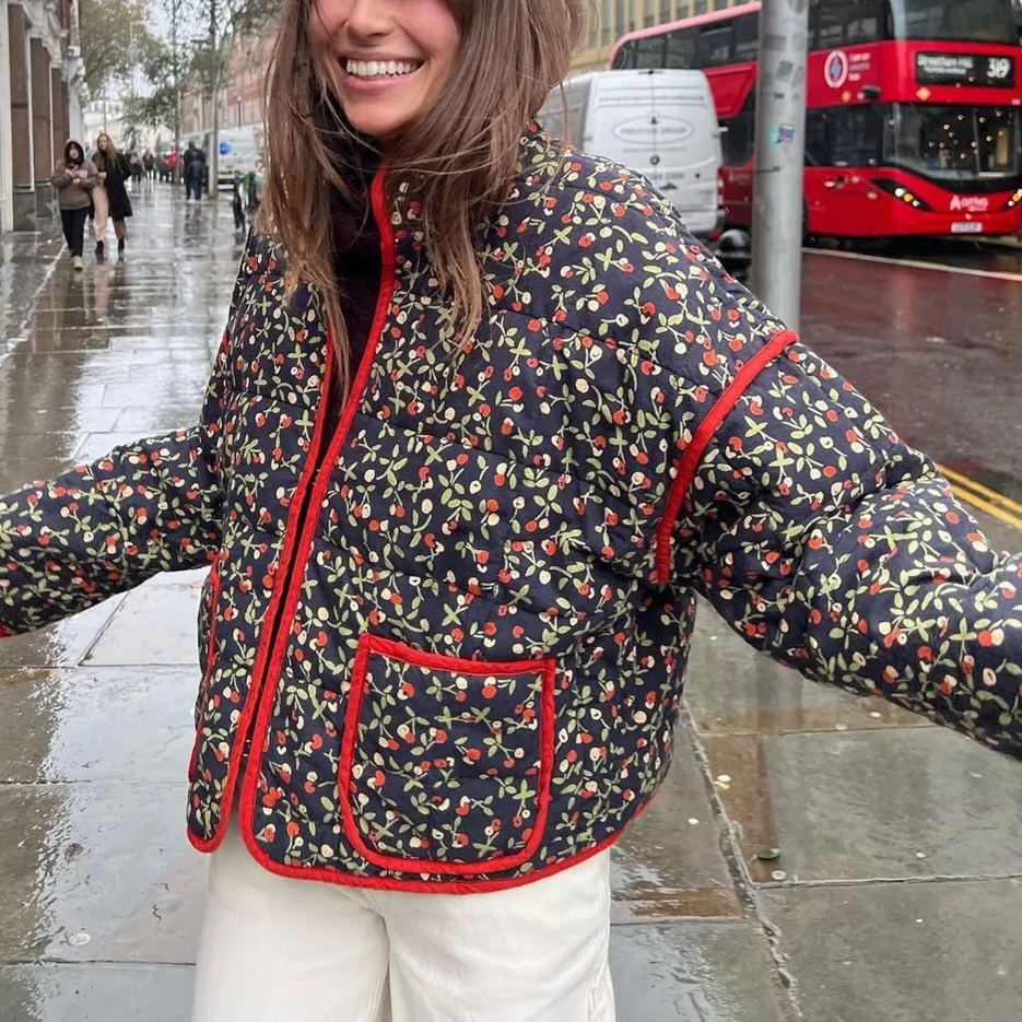 Flower Print Pocket Clip Cotton Drop Shoulder Jacket-Massicos