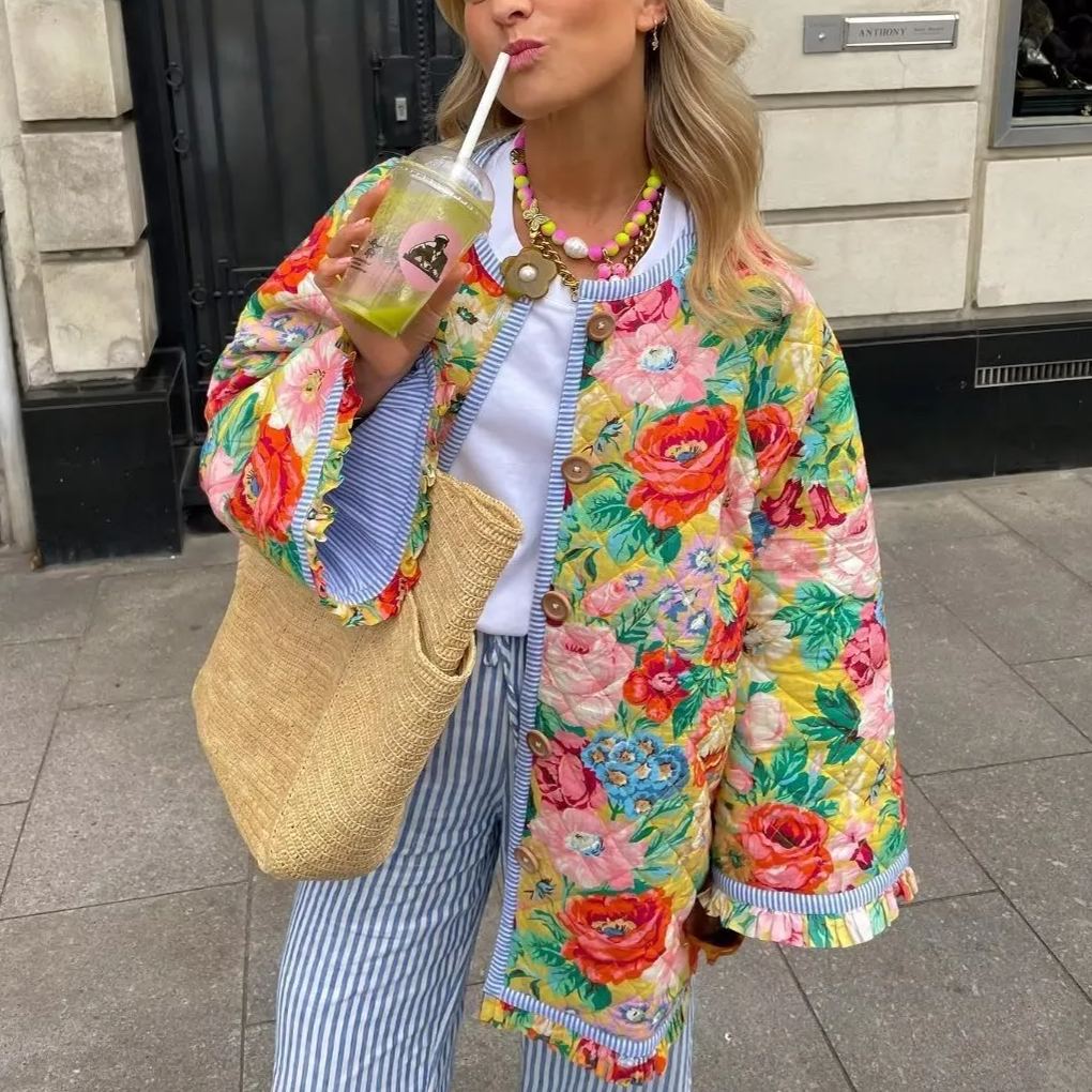 Roses Quilted Floral Patchwork Print Bohemian Jacket-Massicos