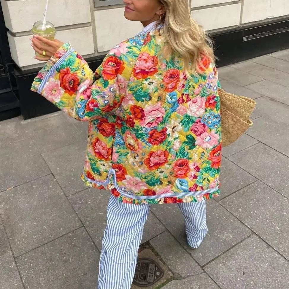 Roses Quilted Floral Patchwork Print Bohemian Jacket-Massicos