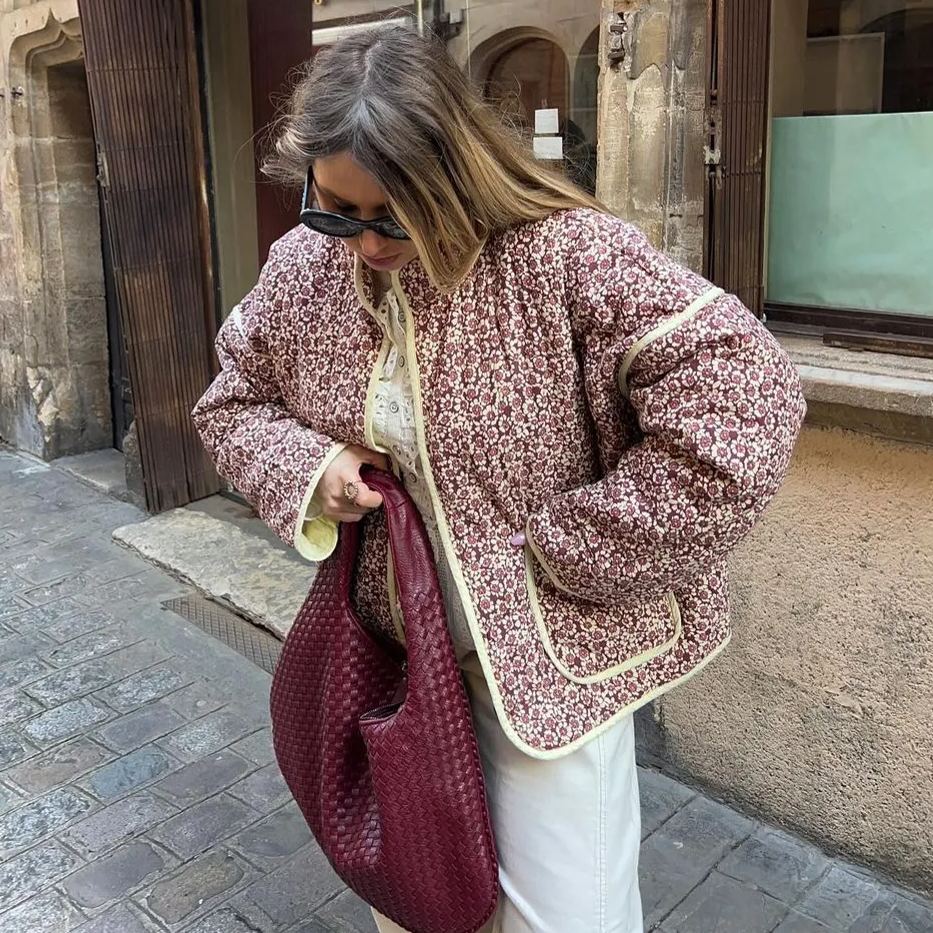 Small Floral Print Pocket Clip Cotton Drop Shoulder Jacket-Massicos