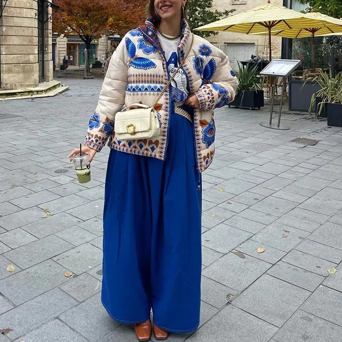 Blue Floral Print Drop Shoulder Jacket-Massicos