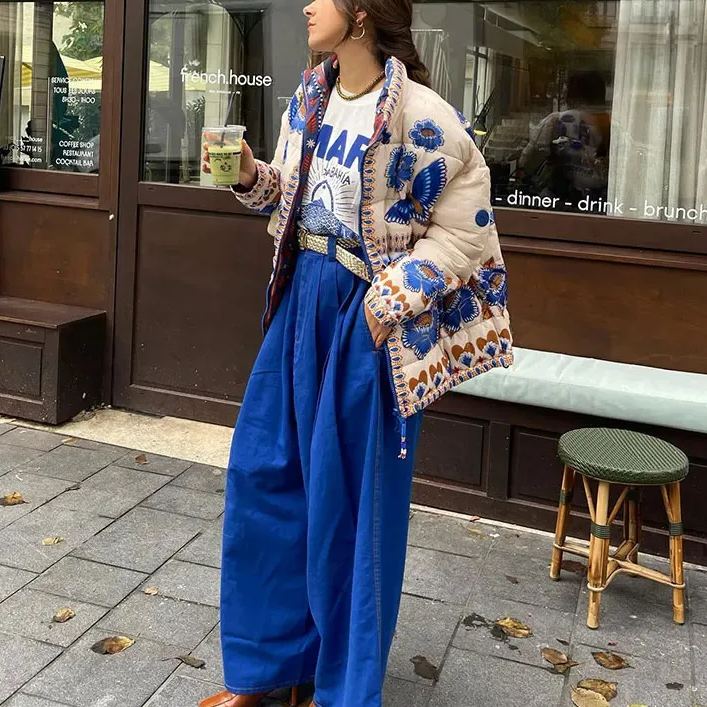 Blue Floral Print Drop Shoulder Jacket-Massicos