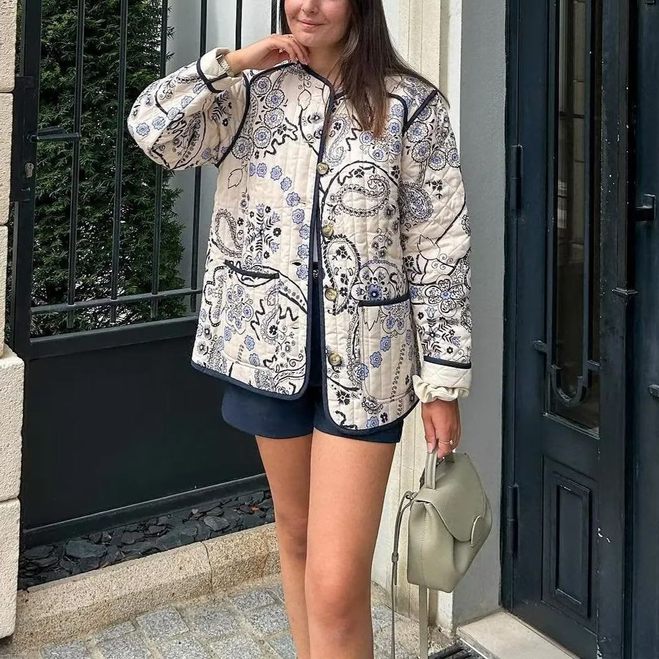 Ethnic Floral Print Quilted Jacket-Massicos