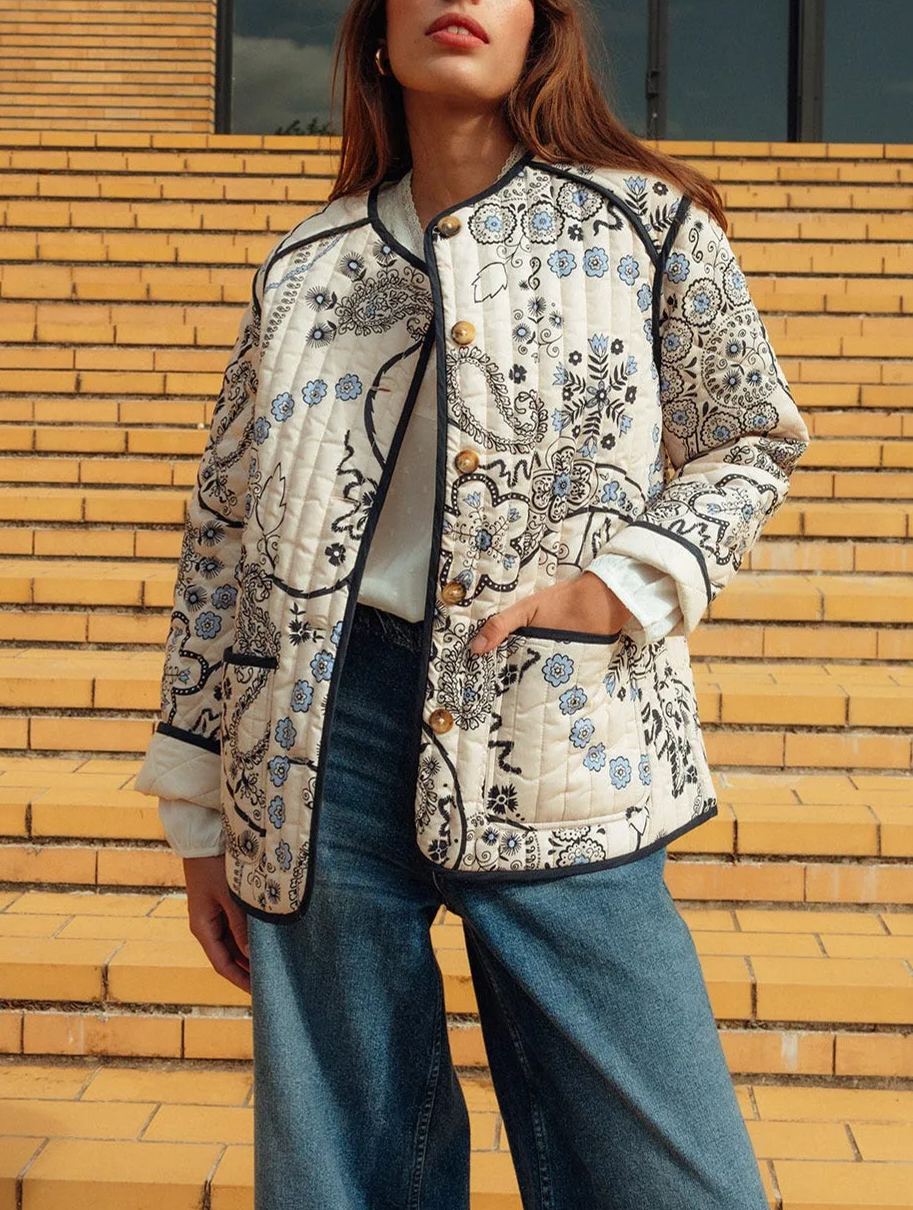 Ethnic Floral Print Quilted Jacket-Massicos