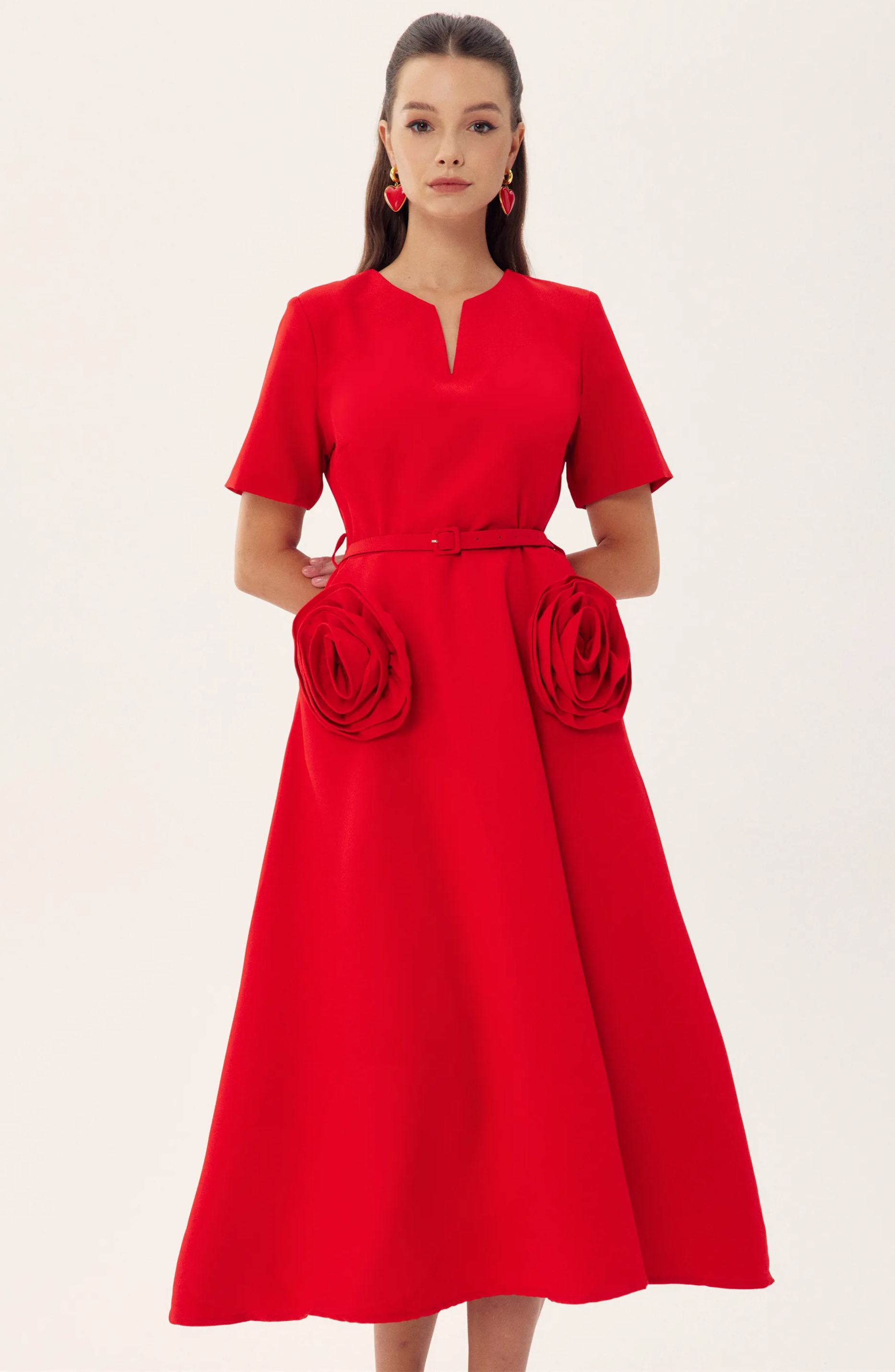 Grace Floral Appliqué Short Sleeve Midi Dress-ROVOLE