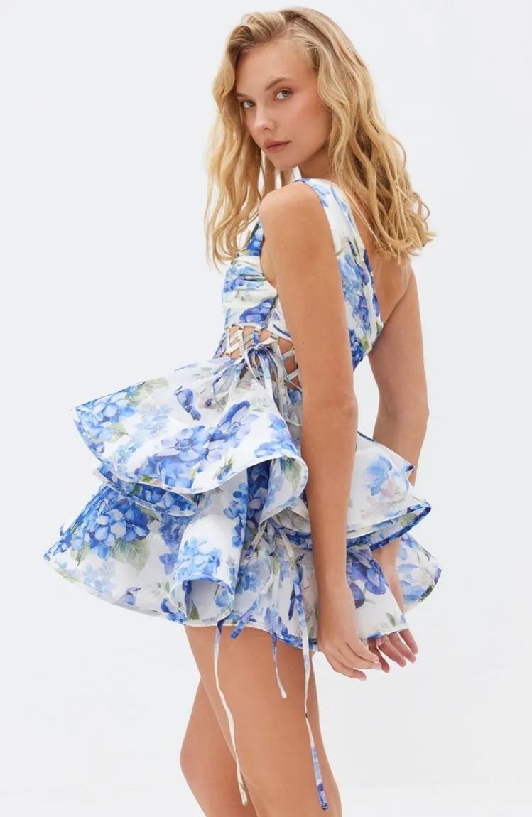 Andrea Floral Printed One-shoulder Mini Chiffon Dress-ROVOLE