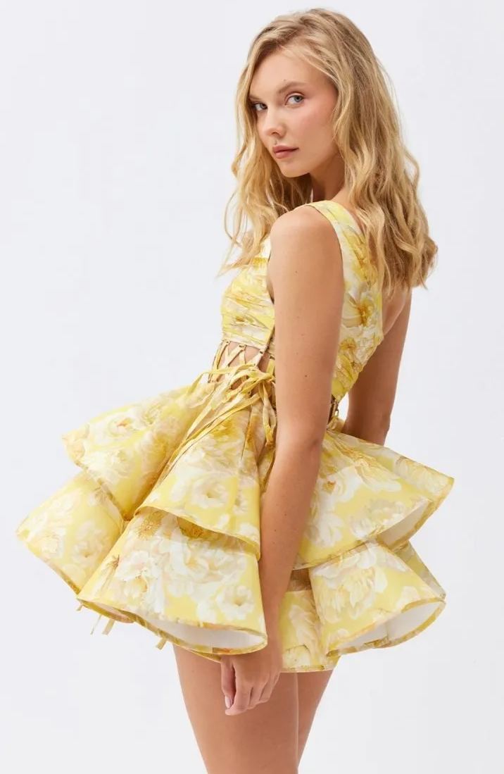 Andrea Floral Printed One-shoulder Mini Chiffon Dress-ROVOLE