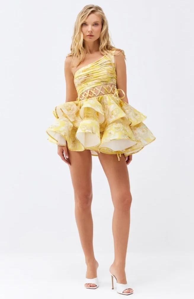 Andrea Floral Printed One-shoulder Mini Chiffon Dress-ROVOLE
