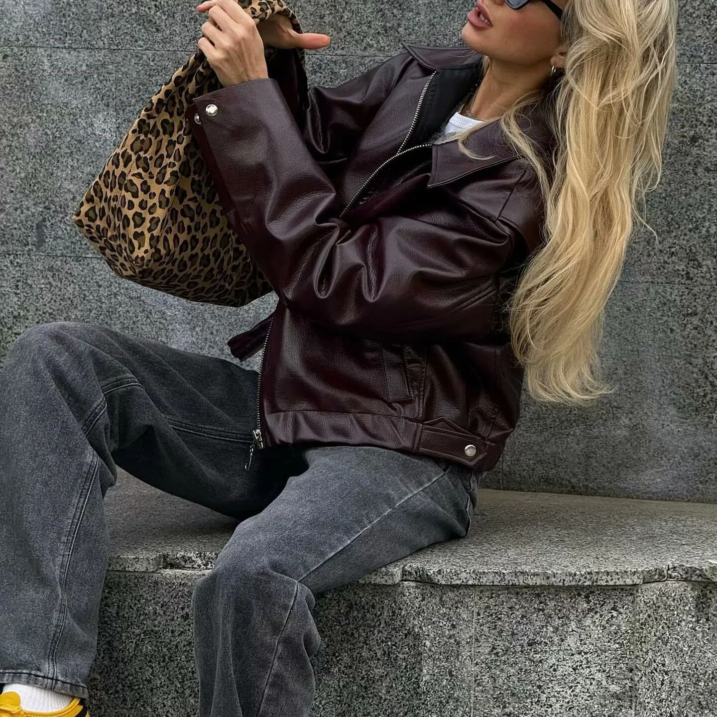 Vintage Lapel Zipper Faux Leather Jacket-Massicos