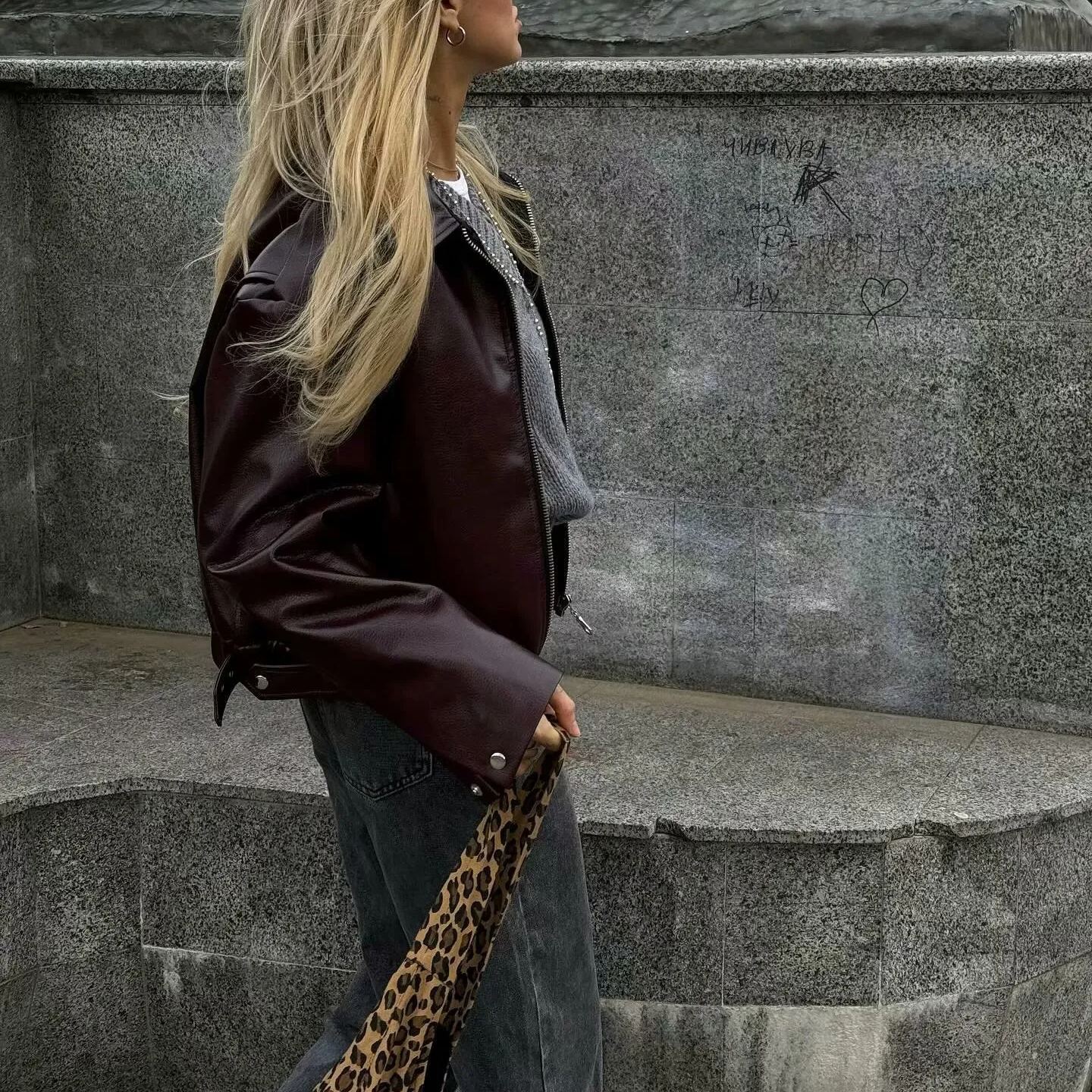 Vintage Lapel Zipper Faux Leather Jacket-Massicos