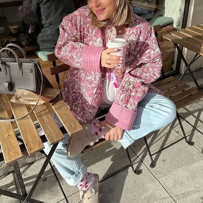 Street Retro Floral Print Style Quilted Jacket-Massicos
