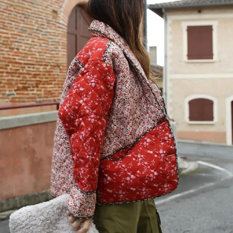Ethnic style Floral Print Color Contrast Quilted Jacket-Massicos
