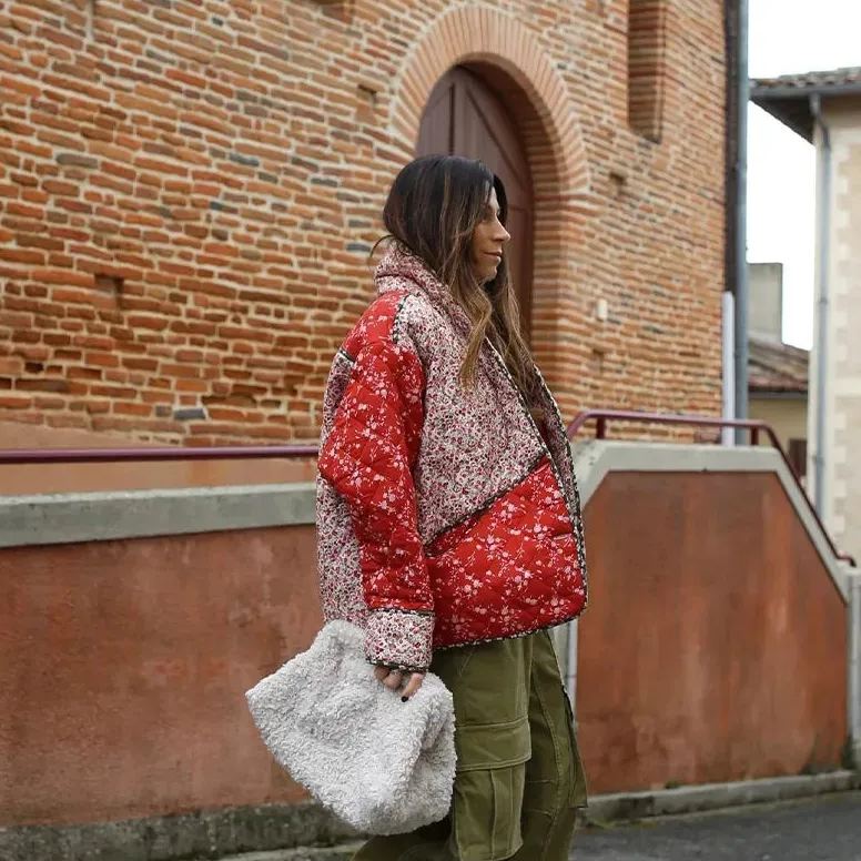Ethnic style Floral Print Color Contrast Quilted Jacket-Massicos